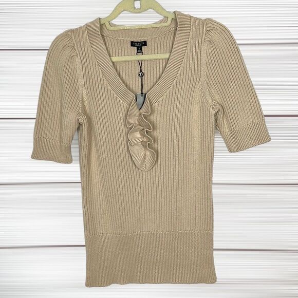 NWT TALBOTS Cotton Tan Sweater Top Rib Knit V-Neck Ruffle Details Short Sleeve M - Picture 1 of 10